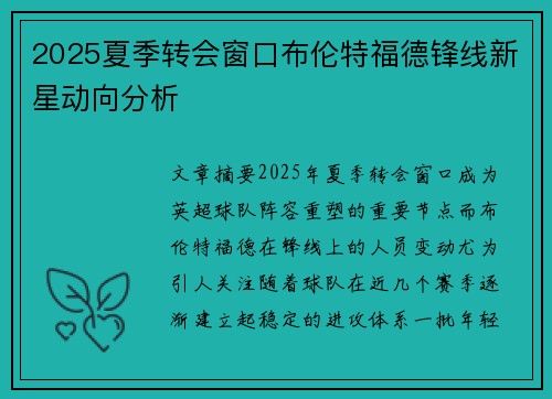 2025夏季转会窗口布伦特福德锋线新星动向分析 2025夏季转会窗口布伦特福德锋线新星动向分析